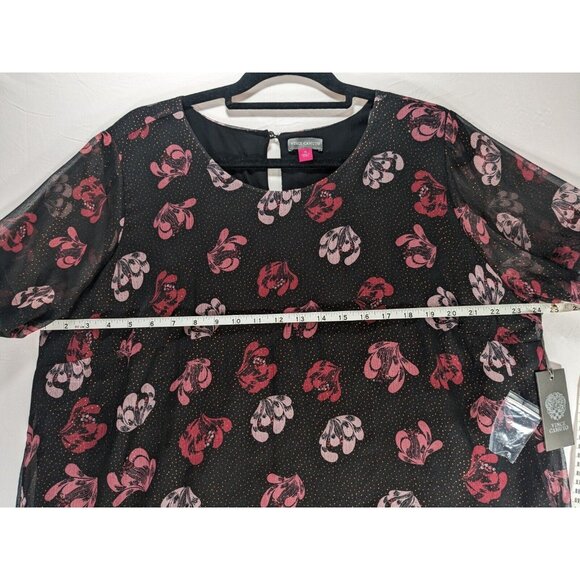 Vince Camuto Sheer Black Pink Floral Tunic Blouse Sparkle Dots Short Sleeve NWT - Picture 3 of 7